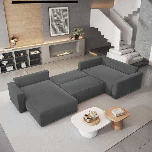 Canapé D'angle Velami Gris En Velours Avec Fonction De Couchage