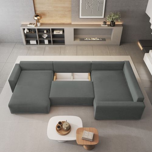 Canapé D'angle Velami Gris En Velours Avec Fonction De Couchage