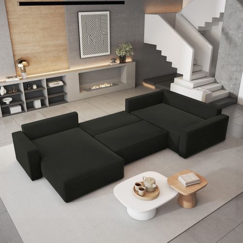 Canapé D'angle Velami Noir En Velours Avec Fonction De Couchage