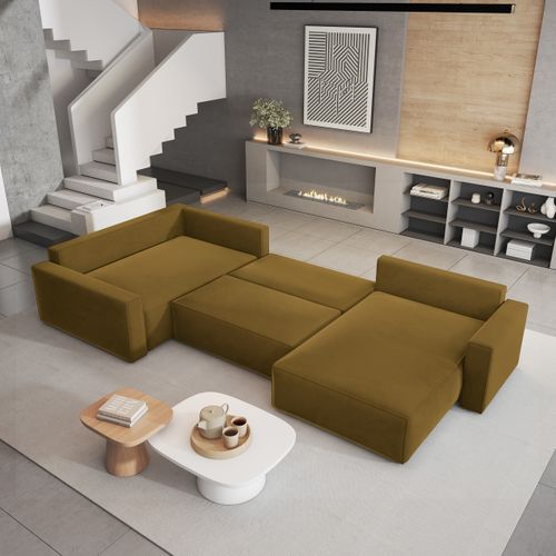 Canapé D'angle Velami Jaune En Velours Avec Fonction De Couchage