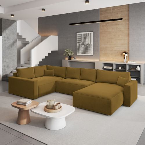 Canapé D'angle Velami Jaune En Velours Avec Fonction De Couchage