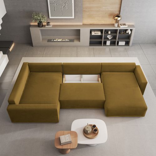 Canapé D'angle Velami Jaune En Velours Avec Fonction De Couchage