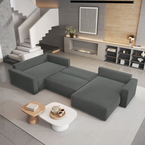 Canapé D'angle Velami Gris En Velours Avec Fonction De Couchage