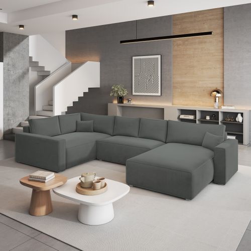 Canapé D'angle Velami Gris En Velours Avec Fonction De Couchage