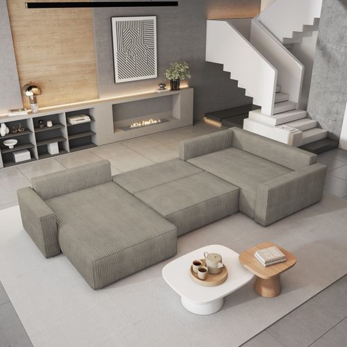 Canapé D'angle Velami Beige En Velours Côtelé Avec Fonction De Couchage