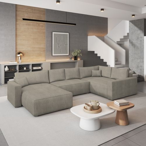 Canapé D'angle Velami Beige En Velours Côtelé Avec Fonction De Couchage