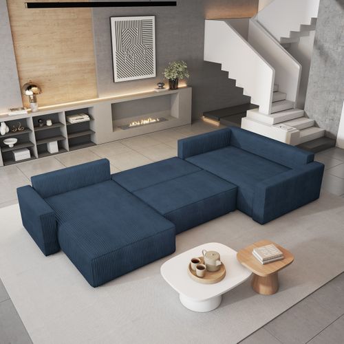 Canapé D'angle Velami Bleu En Velours Côtelé Avec Fonction De Couchage