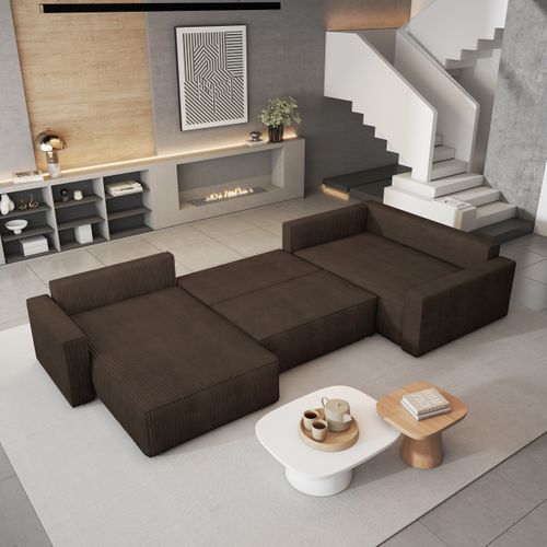 Canapé D'angle Velami Marron En Velours Côtelé Avec Fonction De Couchage