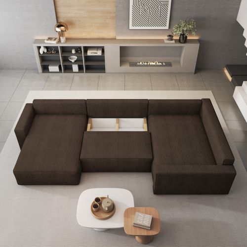 Canapé D'angle Velami Marron En Velours Côtelé Avec Fonction De Couchage