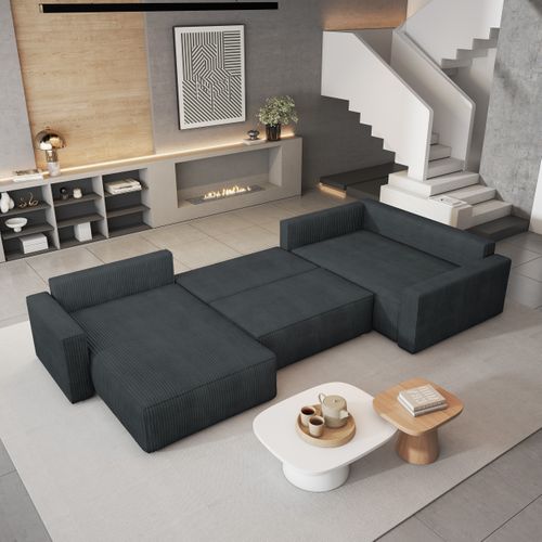 Canapé D'angle Velami Gris En Velours Côtelé Avec Fonction De Couchage