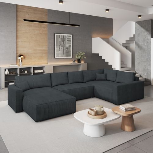 Canapé D'angle Velami Gris En Velours Côtelé Avec Fonction De Couchage