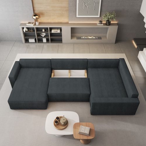 Canapé D'angle Velami Gris En Velours Côtelé Avec Fonction De Couchage