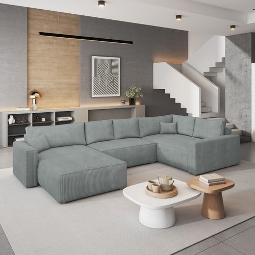 Canapé D'angle Velami Gris Clair En Velours Côtelé Avec Fonction De Couchage