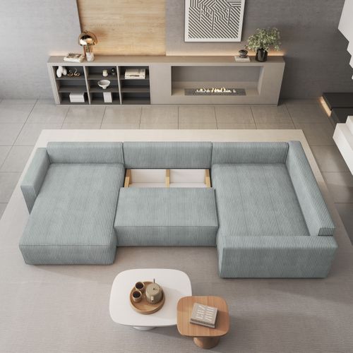 Canapé D'angle Velami Gris Clair En Velours Côtelé Avec Fonction De Couchage