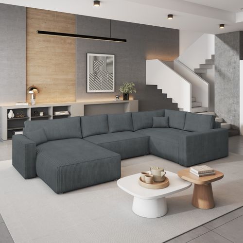 Canapé D'angle Velami Gris En Velours Côtelé Avec Fonction De Couchage