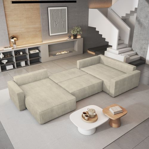 Canapé D'angle Velami Crème En Velours Côtelé Avec Fonction De Couchage