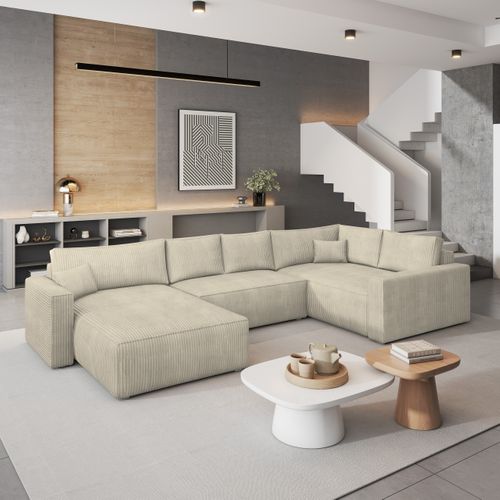 Canapé D'angle Velami Crème En Velours Côtelé Avec Fonction De Couchage