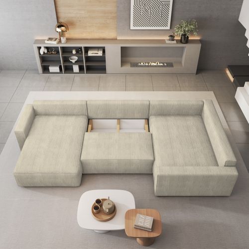 Canapé D'angle Velami Crème En Velours Côtelé Avec Fonction De Couchage