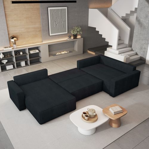 Canapé D'angle Velami Noir En Velours Côtelé Avec Fonction De Couchage
