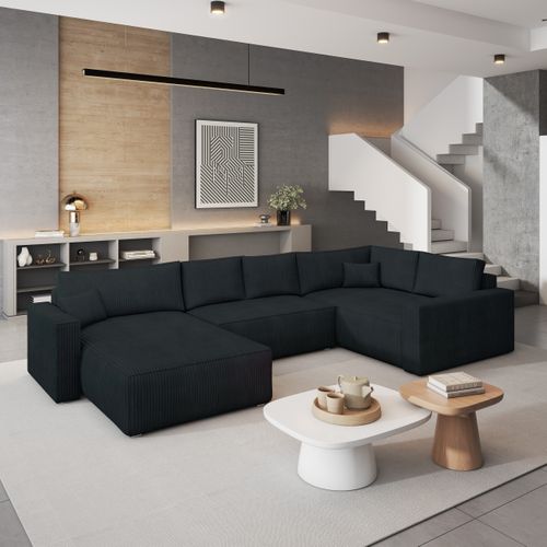 Canapé D'angle Velami Noir En Velours Côtelé Avec Fonction De Couchage