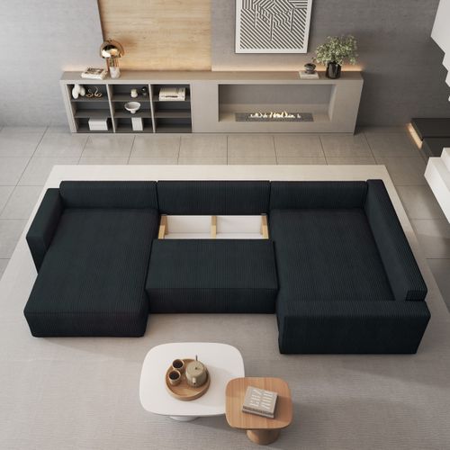 Canapé D'angle Velami Noir En Velours Côtelé Avec Fonction De Couchage