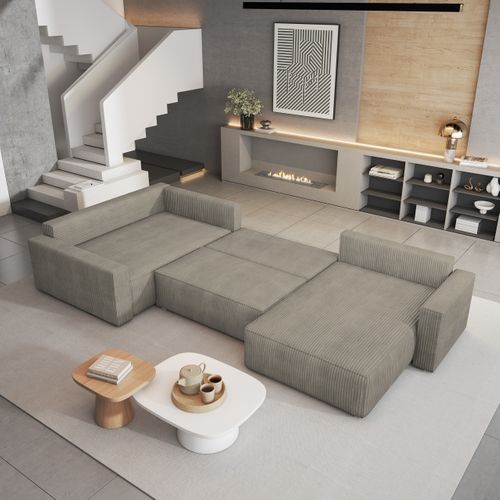 Canapé D'angle Velami Beige En Velours Côtelé Avec Fonction De Couchage