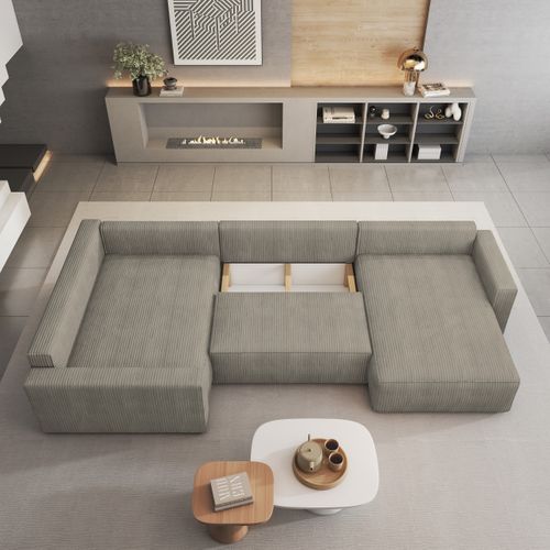 Canapé D'angle Velami Beige En Velours Côtelé Avec Fonction De Couchage