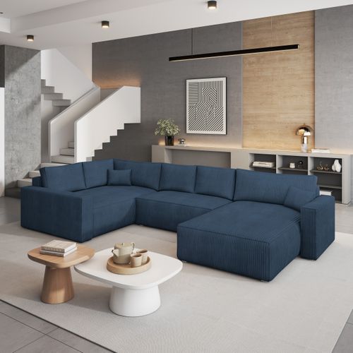 Canapé D'angle Velami Bleu En Velours Côtelé Avec Fonction De Couchage