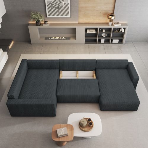 Canapé D'angle Velami Gris En Velours Côtelé Avec Fonction De Couchage