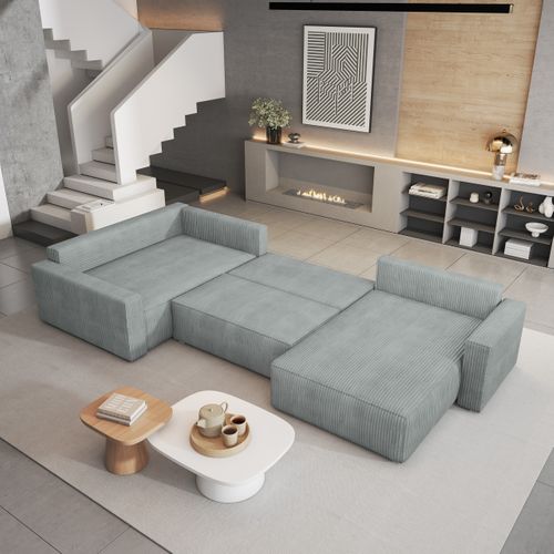 Canapé D'angle Velami Gris Clair En Velours Côtelé Avec Fonction De Couchage