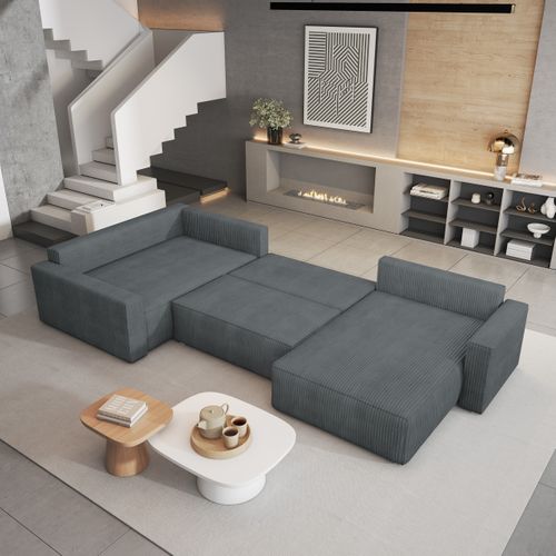 Canapé D'angle Velami Gris En Velours Côtelé Avec Fonction De Couchage