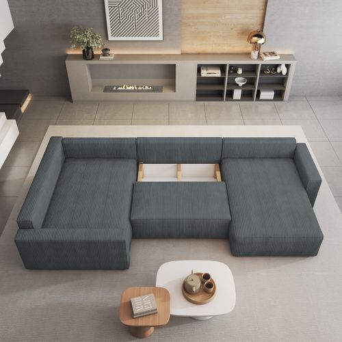 Canapé D'angle Velami Gris En Velours Côtelé Avec Fonction De Couchage