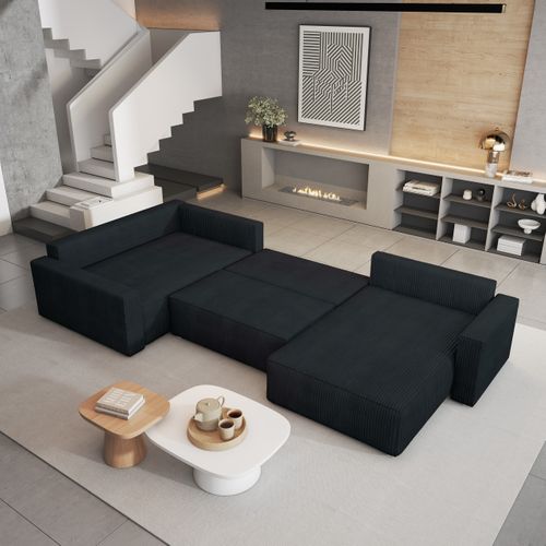 Canapé D'angle Velami Noir En Velours Côtelé Avec Fonction De Couchage