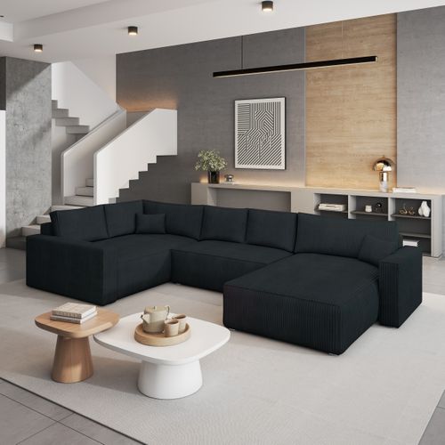 Canapé D'angle Velami Noir En Velours Côtelé Avec Fonction De Couchage