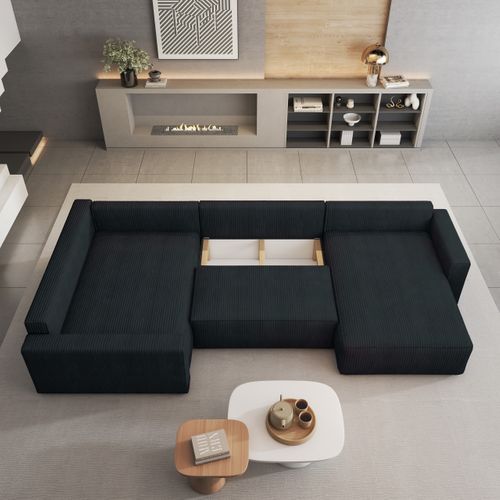 Canapé D'angle Velami Noir En Velours Côtelé Avec Fonction De Couchage