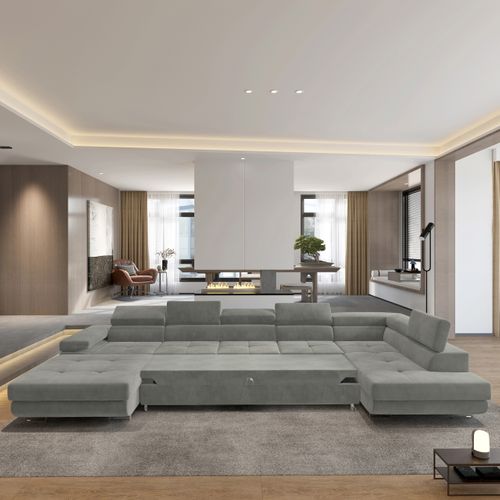 Canapé D'angle Toriva Gris Clair En Velours Avec Fonction De Couchage