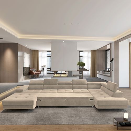 Canapé D'angle Toriva Crème En Velours Avec Fonction De Couchage