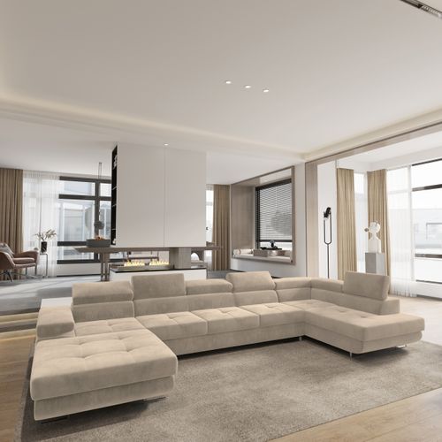 Canapé D'angle Toriva Crème En Velours Avec Fonction De Couchage