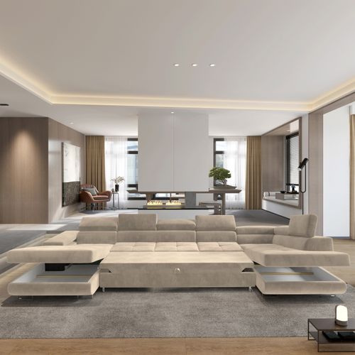 Canapé D'angle Toriva Crème En Velours Avec Fonction De Couchage