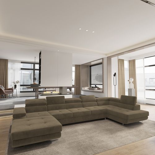 Canapé D'angle Toriva Beige En Velours Avec Fonction De Couchage