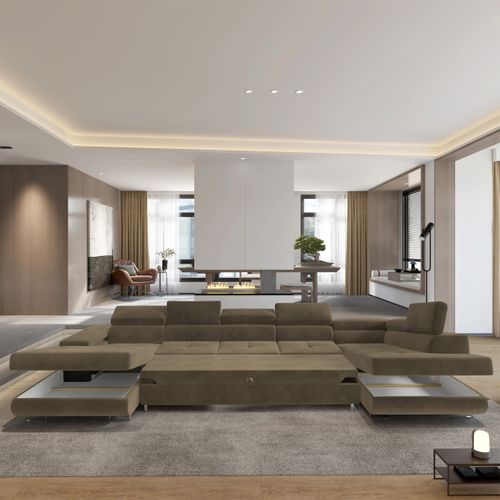 Canapé D'angle Toriva Beige En Velours Avec Fonction De Couchage