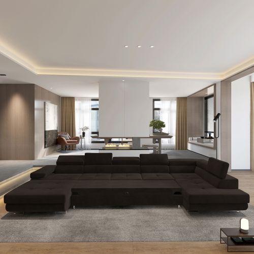 Canapé D'angle Toriva Marron En Velours Avec Fonction De Couchage