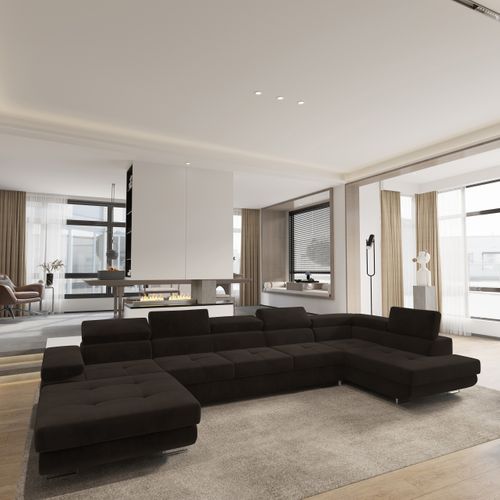 Canapé D'angle Toriva Marron En Velours Avec Fonction De Couchage