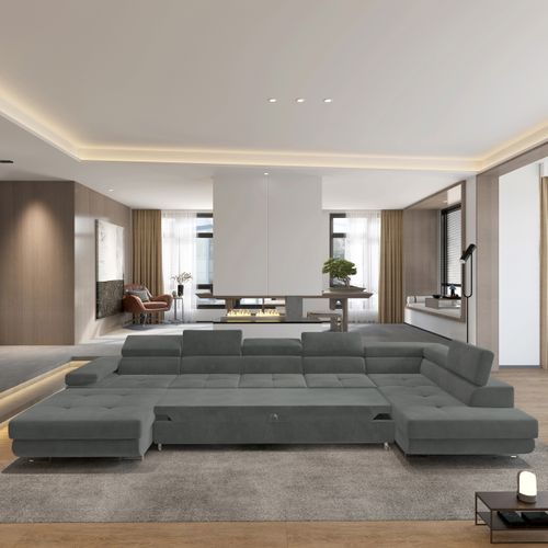 Canapé D'angle Toriva Gris En Velours Avec Fonction De Couchage