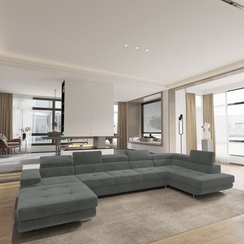 Canapé D'angle Toriva Gris En Velours Avec Fonction De Couchage