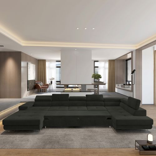 Canapé D'angle Toriva Noir En Velours Avec Fonction De Couchage