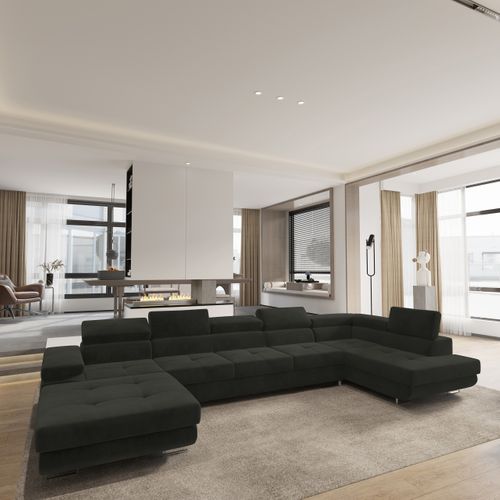 Canapé D'angle Toriva Noir En Velours Avec Fonction De Couchage