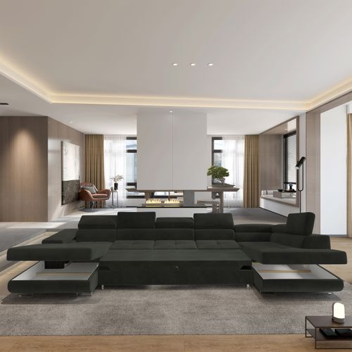 Canapé D'angle Toriva Noir En Velours Avec Fonction De Couchage