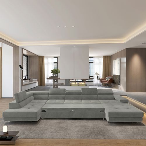 Canapé D'angle Toriva Gris Clair En Velours Avec Fonction De Couchage