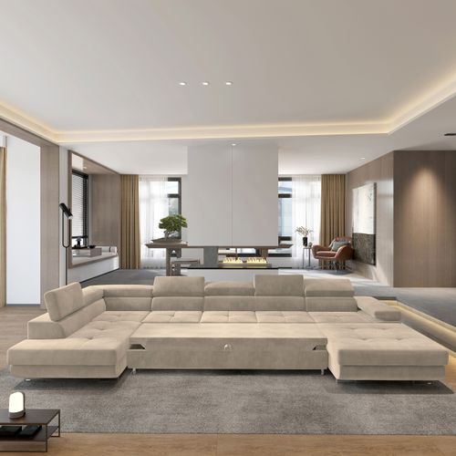 Canapé D'angle Toriva Crème En Velours Avec Fonction De Couchage